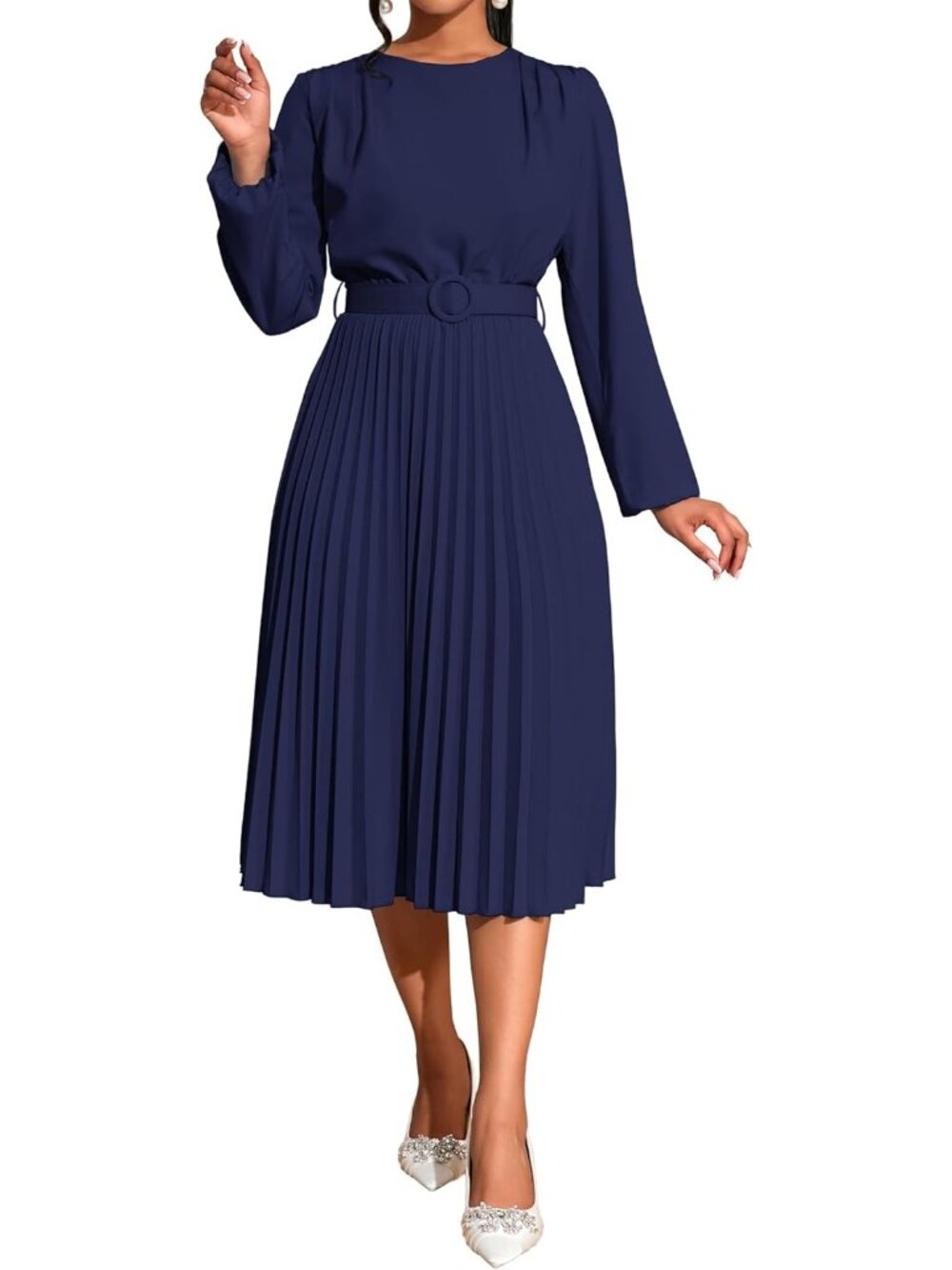 🆕Women's Navy Blue Pleated Midi Dress Long Sleeve Semi Formal Dress Casual - Picture 5 of 6